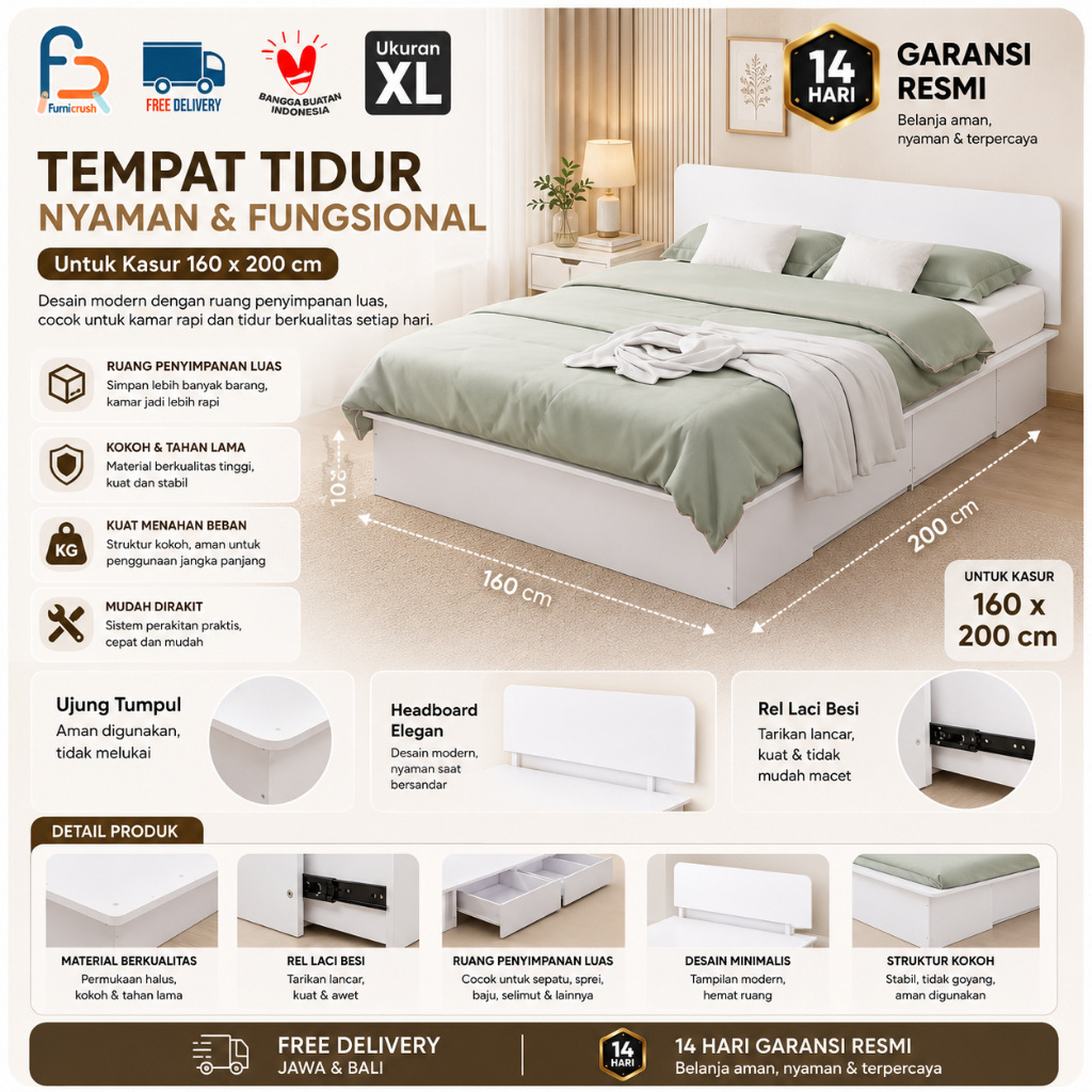 Furnicrush Alas Tempat Tidur / Divan / Divan Headboard / Dipan 160 / Tempat Tidur dengan Laci / Dipa