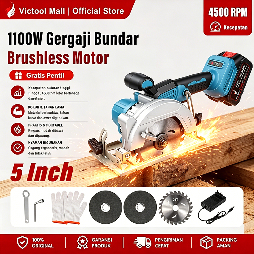 victool 1100W mesin gergaji circular saw brushless circle potong kayu cordless baterai 5" murah lari