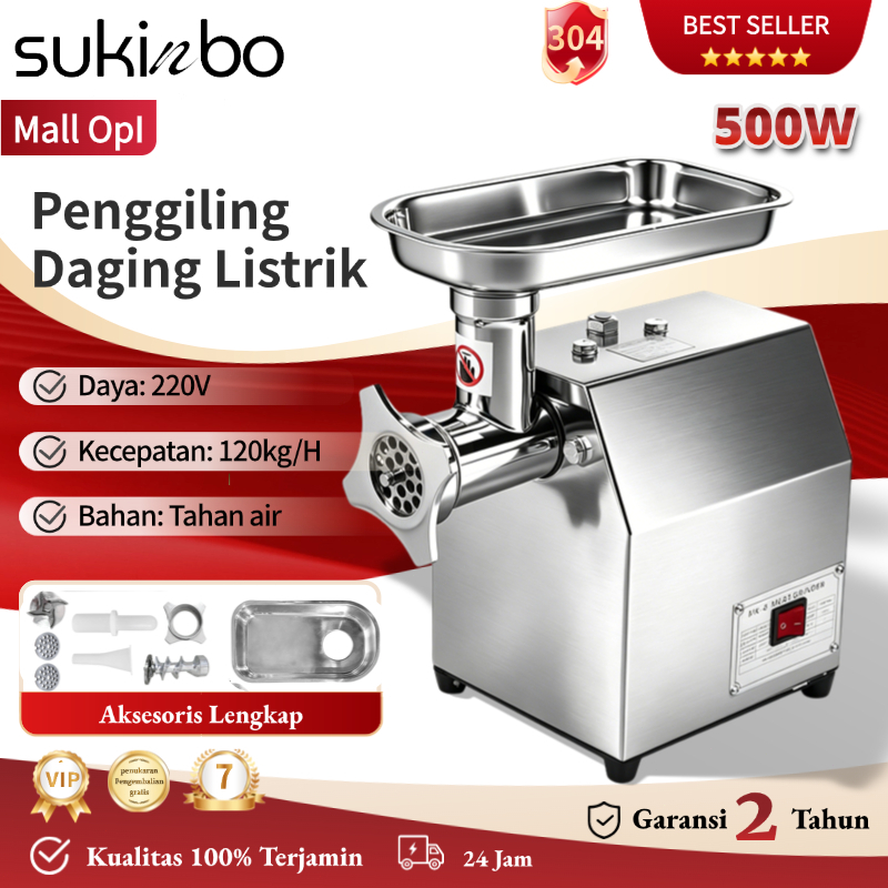 SUKINBO Mesin Penggiling Daging Listrik Multifungsi 500W Stainless Steel Untuk 120kg/h Kebutuhan Kom