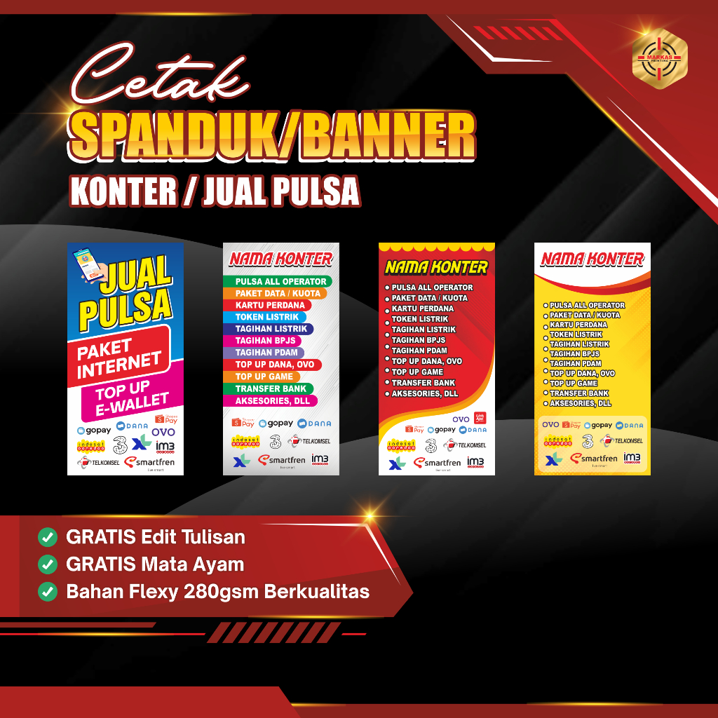 Spanduk Konter Pulsa Kekinian | Banner Jual Pulsa Paket Internet PPOB Top Up E-Wallet Siap Cetak