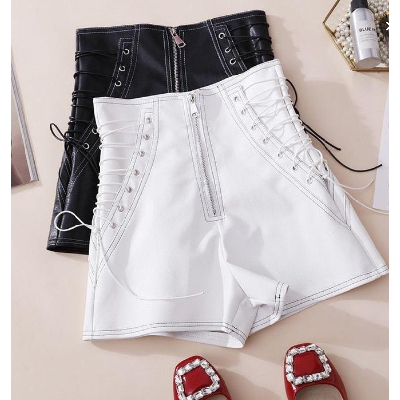 Riseleather.id Celana Kulit Pendek Wanita Tali Kanan Kiri Pinggang Tinggi Kasual Hotpants Leather Re