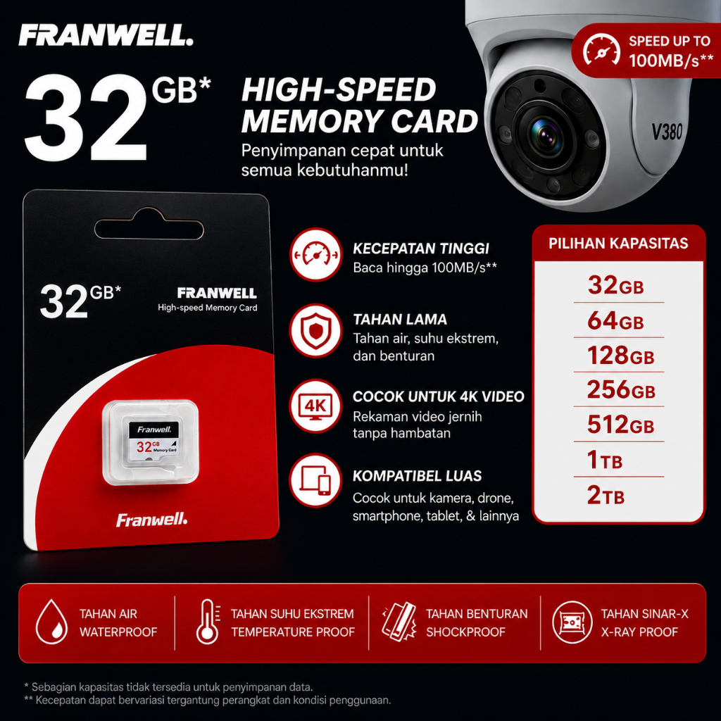 FRANWELL Micro SD Card 32GB 64GB 128GB 256GB 512GB 1TB 2TB Memori Card High Speed Class 10 untuk Kam