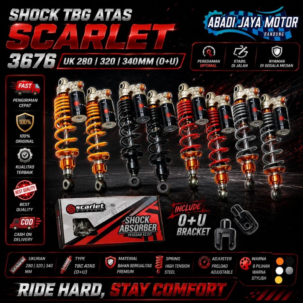 Shock Tabung Atas 3676 (O+U) [ Ukuran : 280, 320, & 340 MM ] { Merk Scarlet Racing }