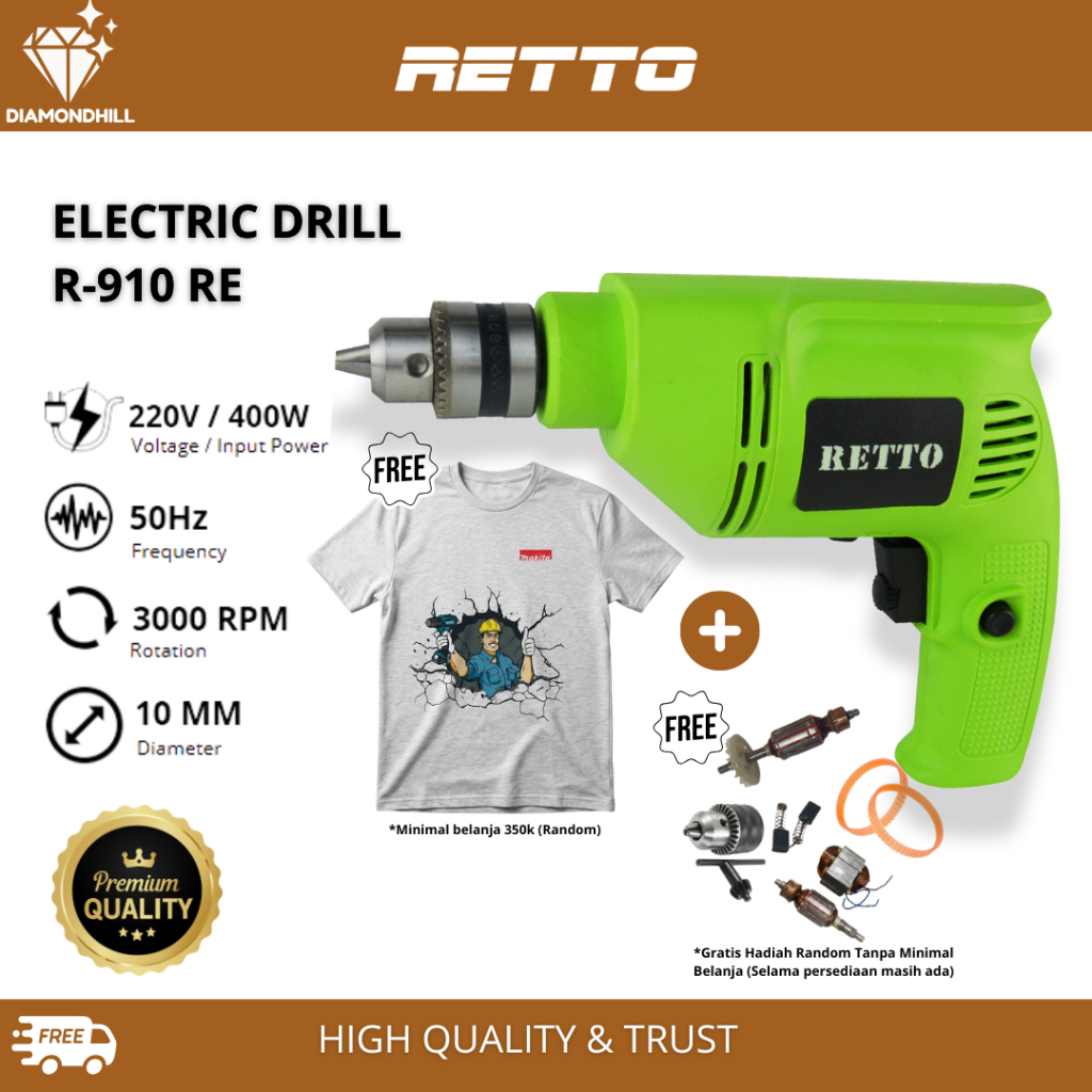 BOR LISTRIK 10MM RETTO R-910 ELECTRIC DRILL BOLAK BALIK - MURAH BERKUALITAS