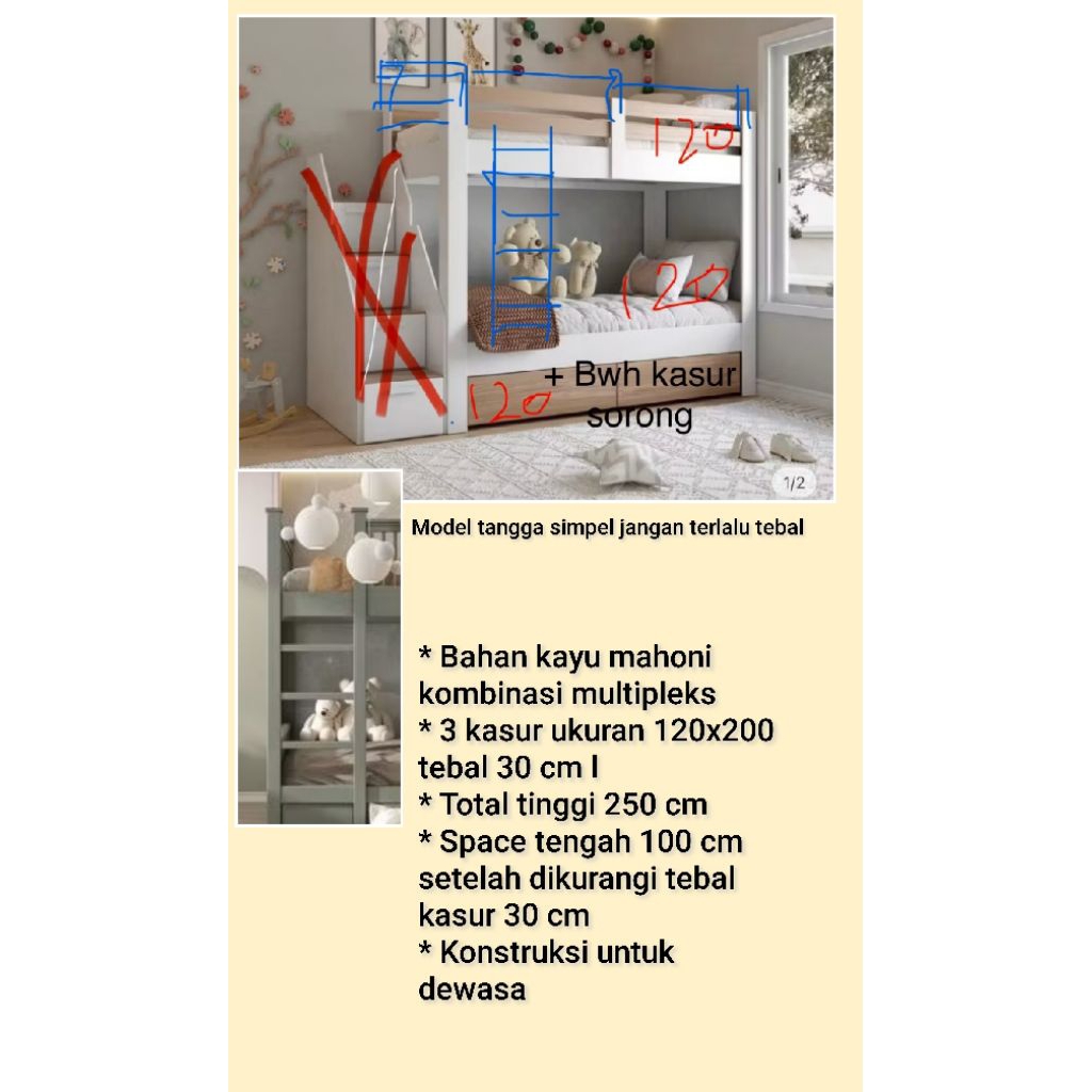 Tempat tidur tingkat 3 kasur dewasa