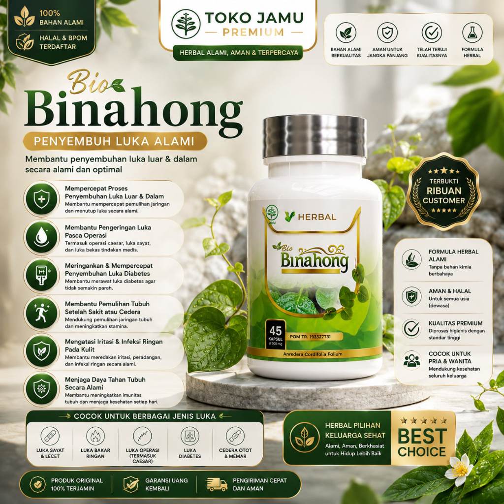 Bio Binahong Kapsul Herbal Asli – Obat Luka Dalam & Luar, Luka Operasi Caesar, Luka Diabetes, Memper