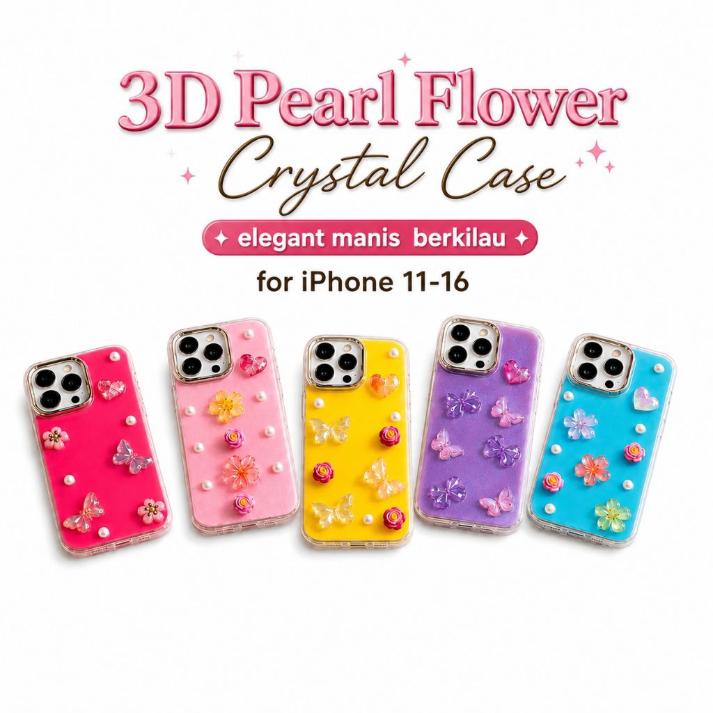 Casing iPhone 11 12 13 14 15 16 Pro Max 3D Pearl Flower Crystal Glitter Case