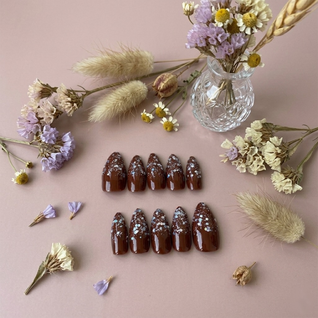 Kuku palsu warna coklat mahogany pendek wedding| kuku palsu custom lancip mahogani nail art + lem wi