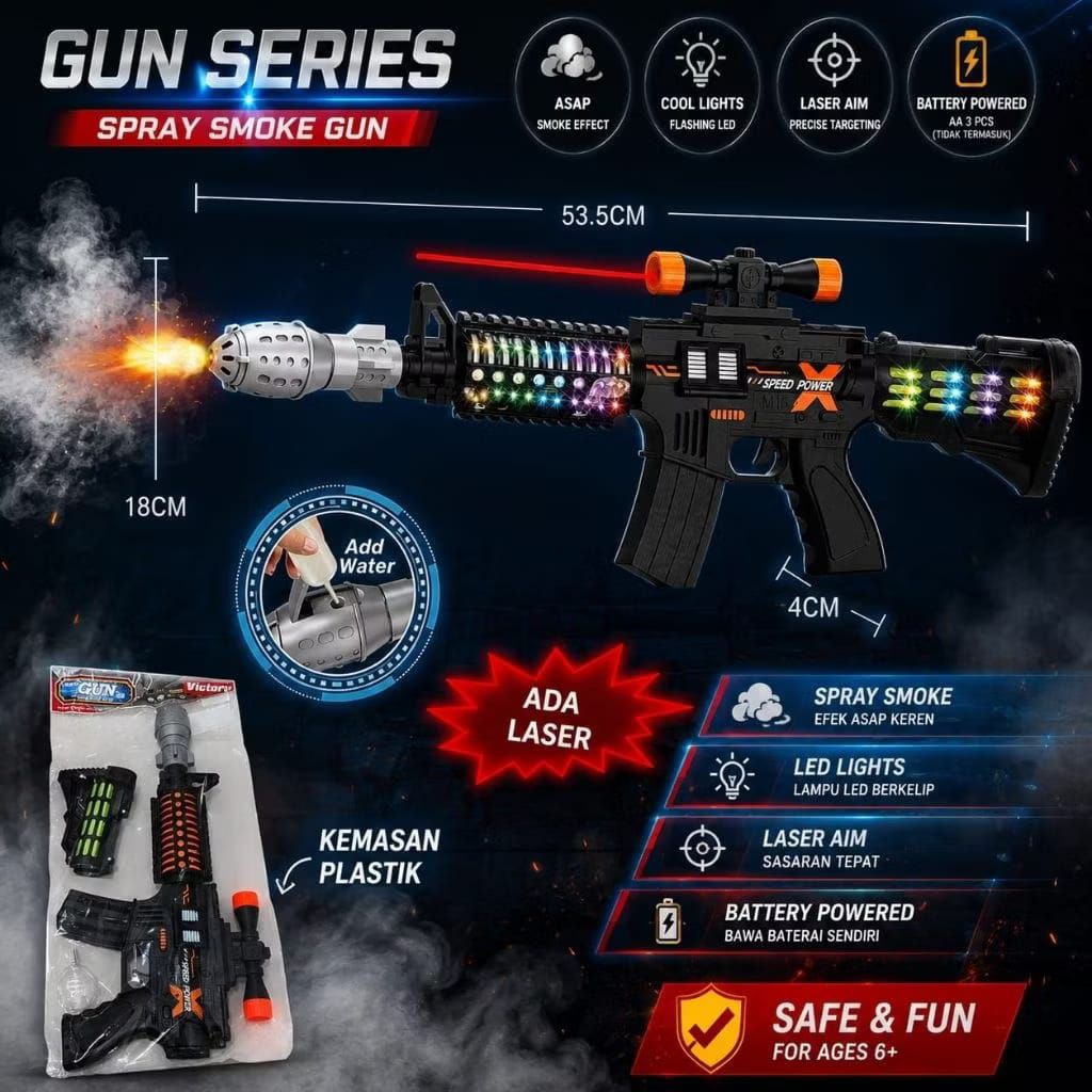 654 Pistol Mainan Lampu Suara Laser Efek Asap Smoke Gun Anak Senapan Mainan