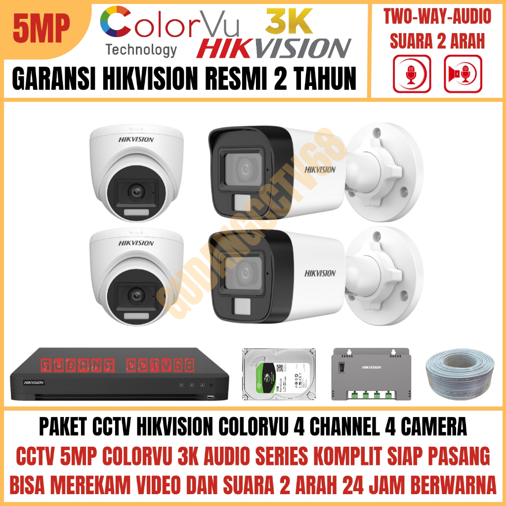 Paket CCTV HIKVISION COLORVU 4 Channel 4 Camera 5MP 3K Full Colour AUDIO TWO WAY Komunikasi 2 ARAH