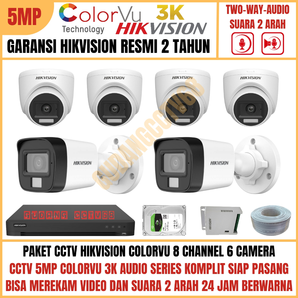 Paket CCTV HIKVISION COLORVU 8 Channel 6 Camera 5MP 3K Full Colour AUDIO TWO WAY Komunikasi 2 ARAH
