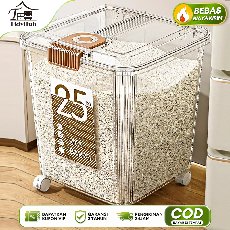 Tempat Beras dengan Roda Dispenser Beras 15/25KG Otomatis Plastik Transparan