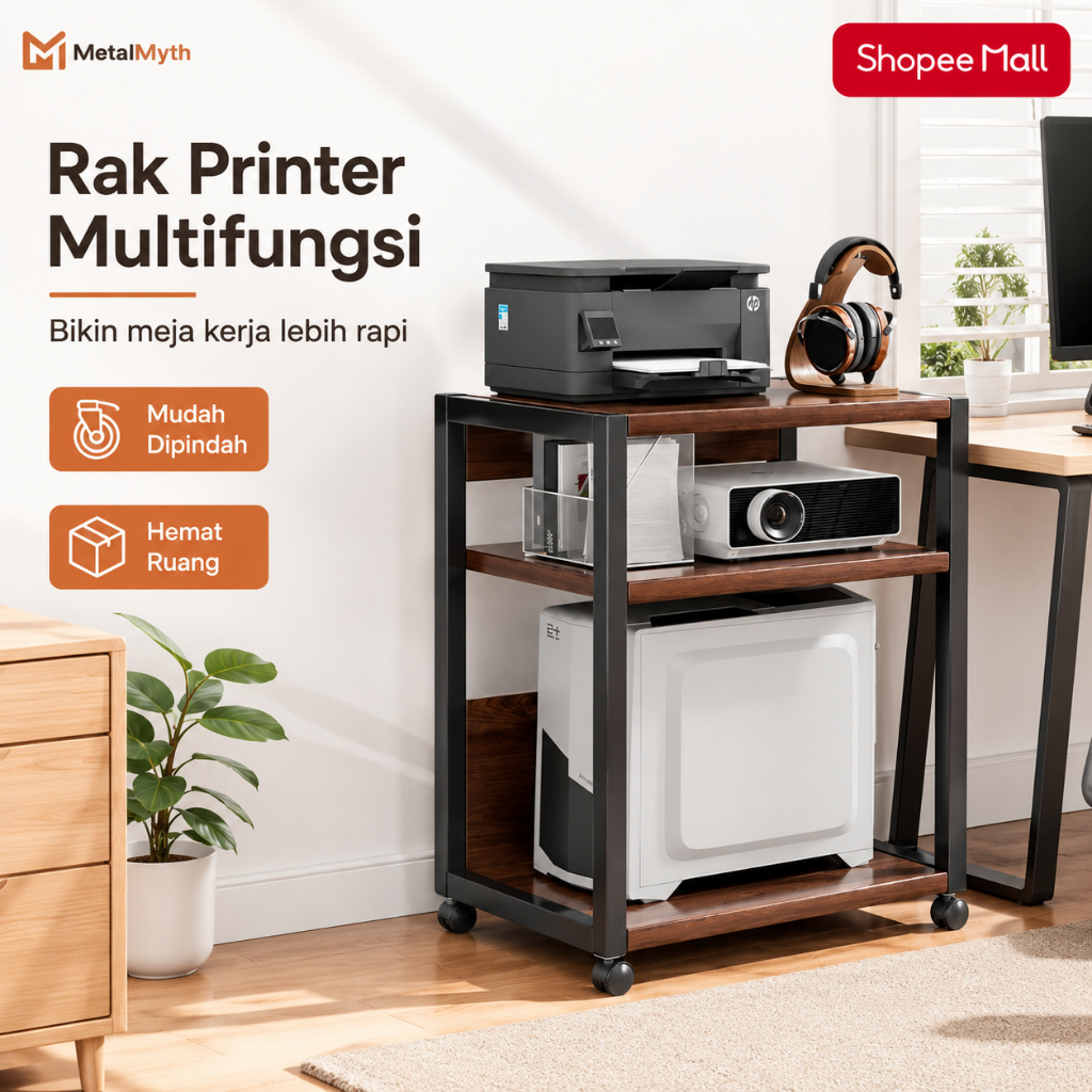 MetalMyth Rak Bergerak Serbaguna untuk Printer Arsip Dokumen dan Makanan Ringan 4 Tingkat
