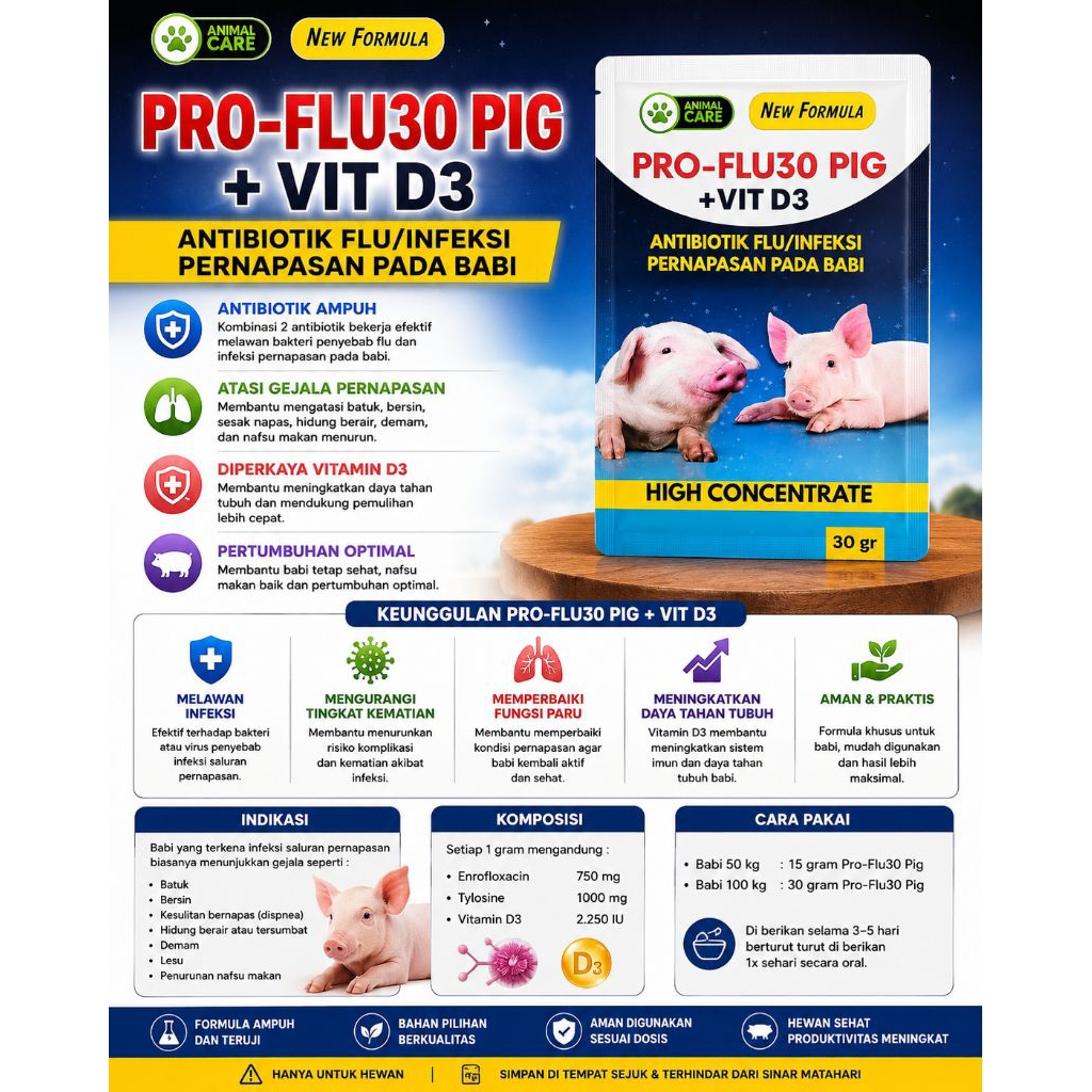 ProFlu50 Pig + Vit D3 | Obat Flu & Infeksi Pernafasan Babi | Isi 50gram