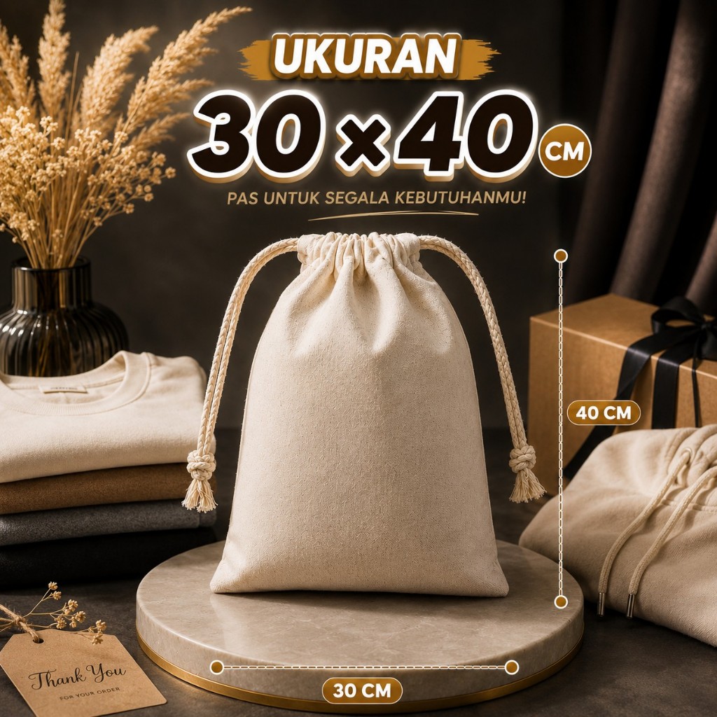 Pouch Blacu 30x40 cm Custom Sablon Logo / Tas Serut Katun Blacu Tempat Baju Souvenir Packaging Olsho