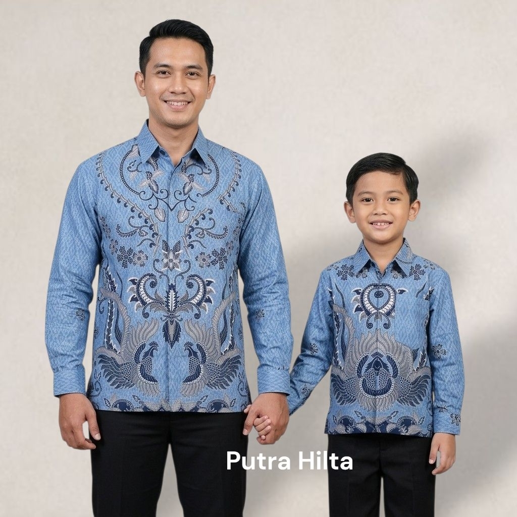 kemeja batik warna biru couple ayah dan anak laki laki bahan katun solo lapis furing Arrow premium