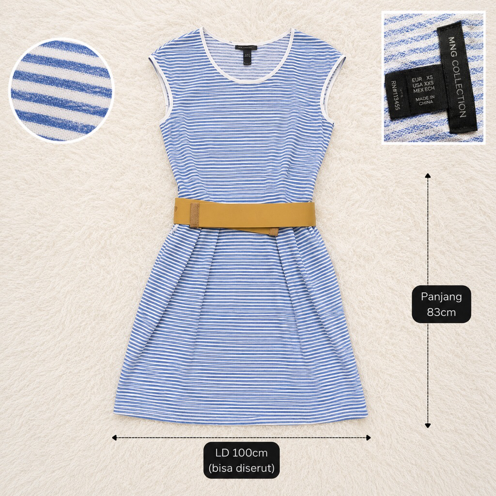 Mango stripe dress biru putih with belt mididress garis garis
