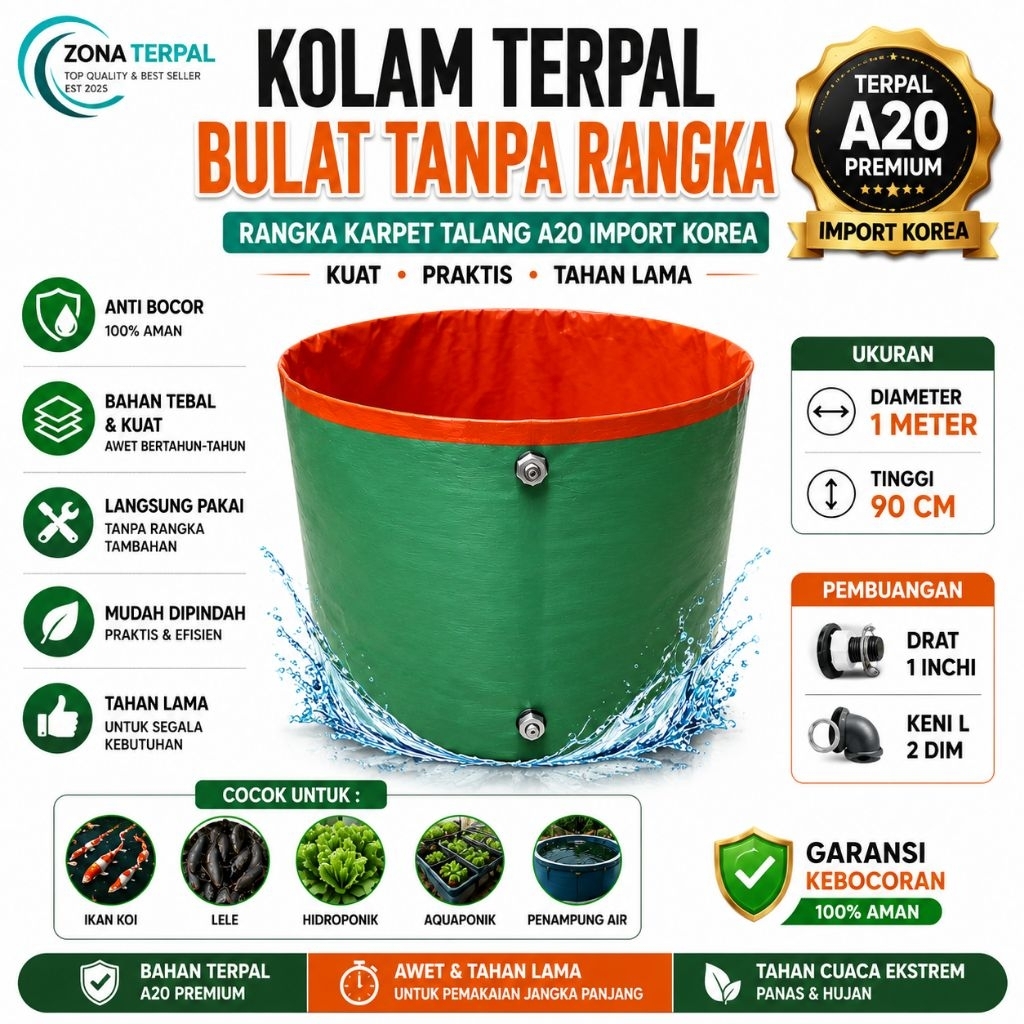Kolam Terpal Bulat Tanpa Rangka A20 Premium Import Korea Diameter 1m Tinggi 90cm Kolam Lele Nila Gur
