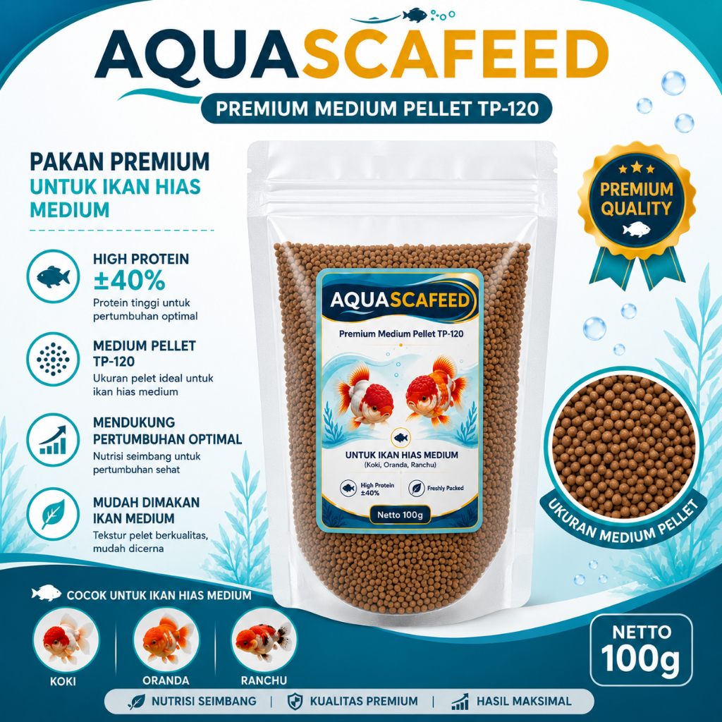 Pelet Ikan Koki 1,2 mm Aquascafeed Medium Pellet Protein 40% untuk Ranchu Oranda Ryukin Lionhead Koi