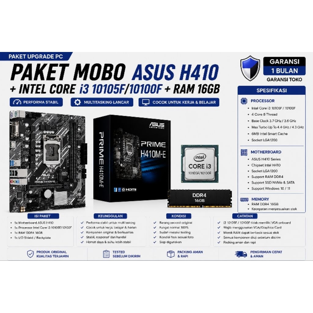 PAKET MOBO ASUS H410 + I3 10105F/ 10100F + RAM 16GB