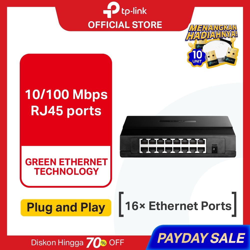 TP-Link TL-SF1016D | 16-Port Desktop Switch | 10/100mbps RJ45 Port | Unmanaged Switch | Plug & Play