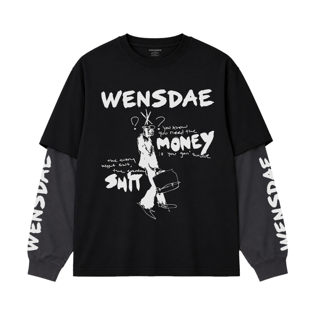 Wensdae T-shirt Double layer Rib Money Smit kaos long sleeve pria wanita unisex