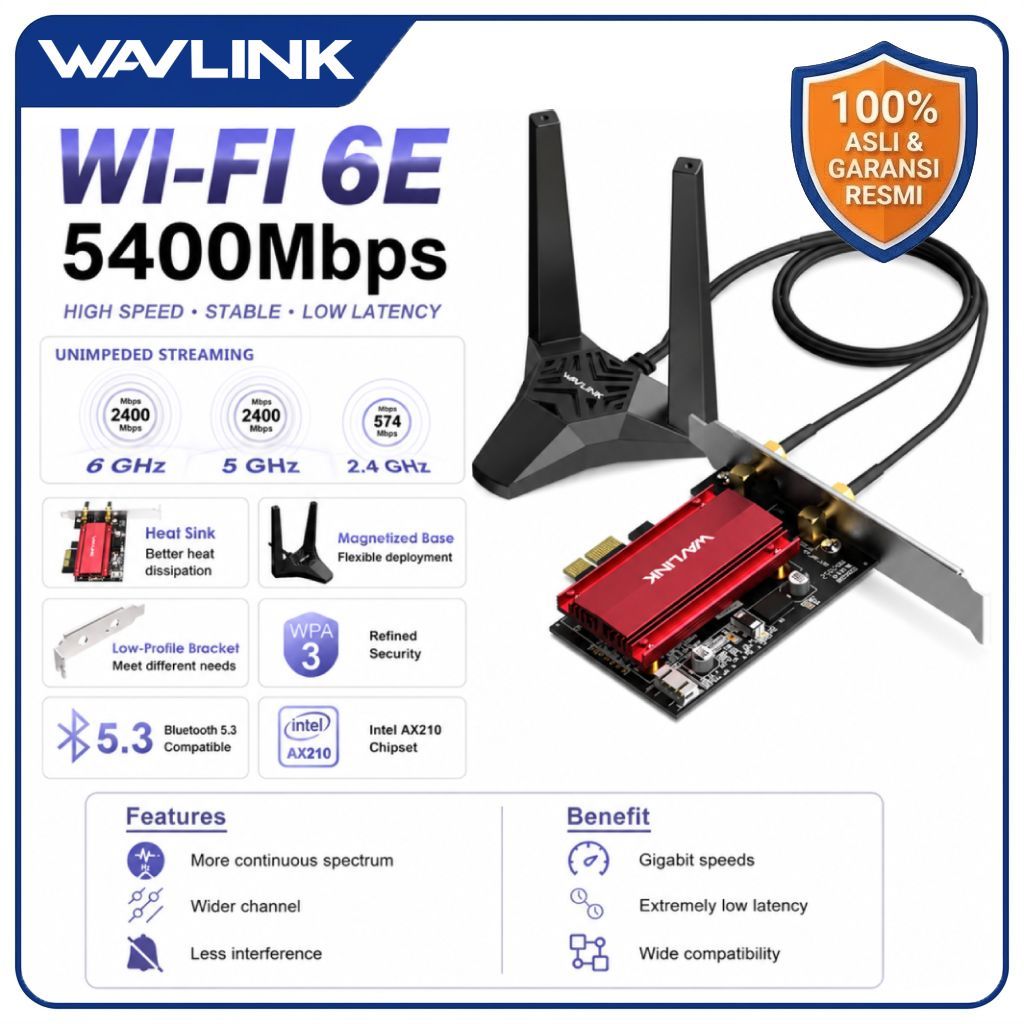 WAVLINK WiFi 6E PCIe Card AX5400 Tri-band 6GHz 2400Mbps Bluetooth 5.3 Intel AX210 dengan Magnetic An