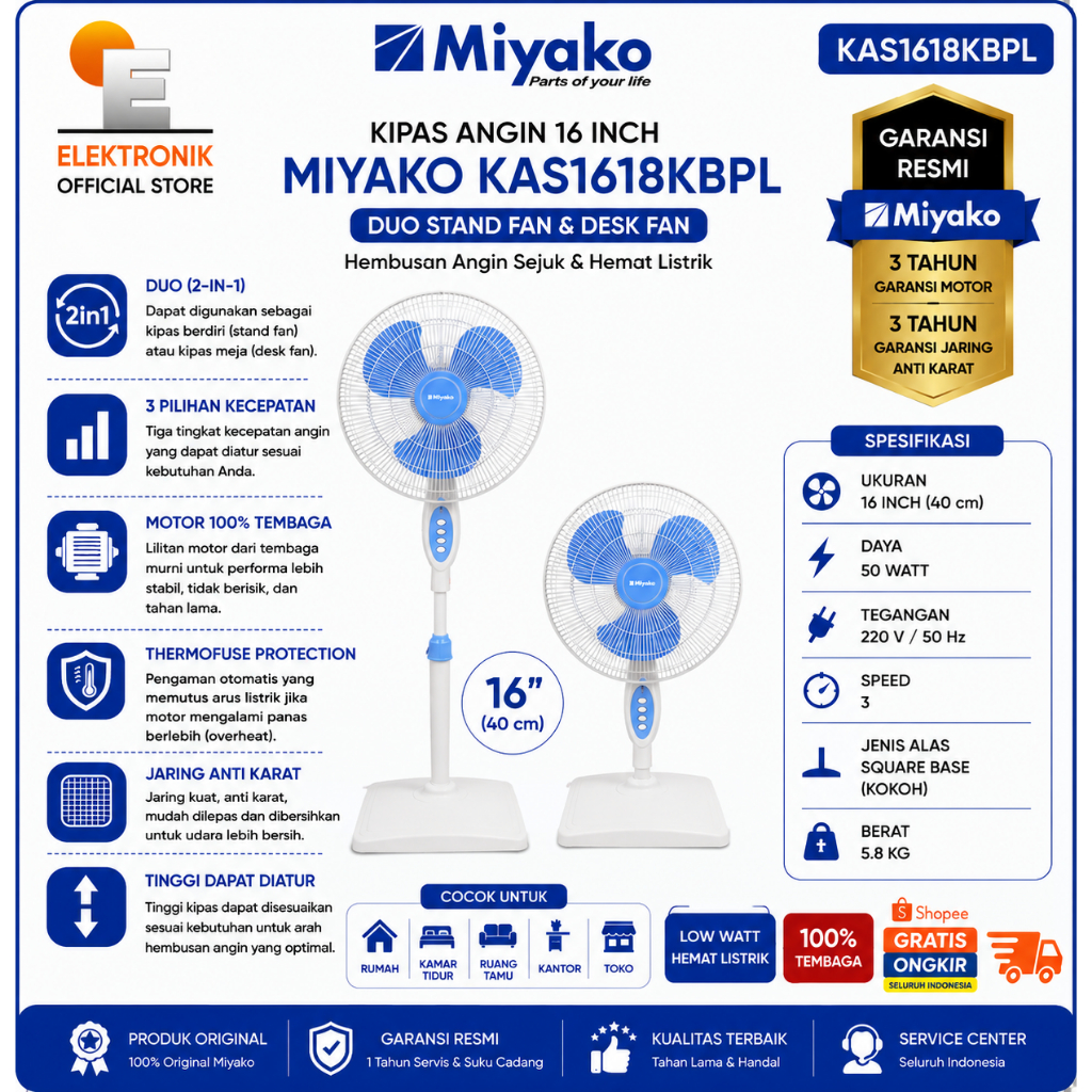 MIYAKO STAND FAN KAS1618KBPL/KAS-1618KBPL/KAS 1618K BPL/STANDING FAN/MIYAKO STANDING FAN/STANDING FA