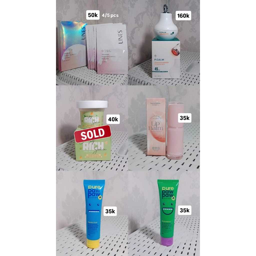 PL PRELOVED [KONDISI 90% ORIGINAL] LIPCARE, SKINCARE UNES face mask 4 pc, P. CALM moisturizer, BNB B
