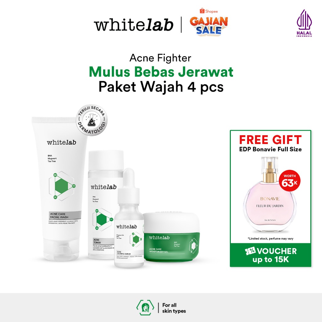 Whitelab 4 pcs Paket Acne - Facial Wash, Toner, Serum, Moisturizer Paket Skincare