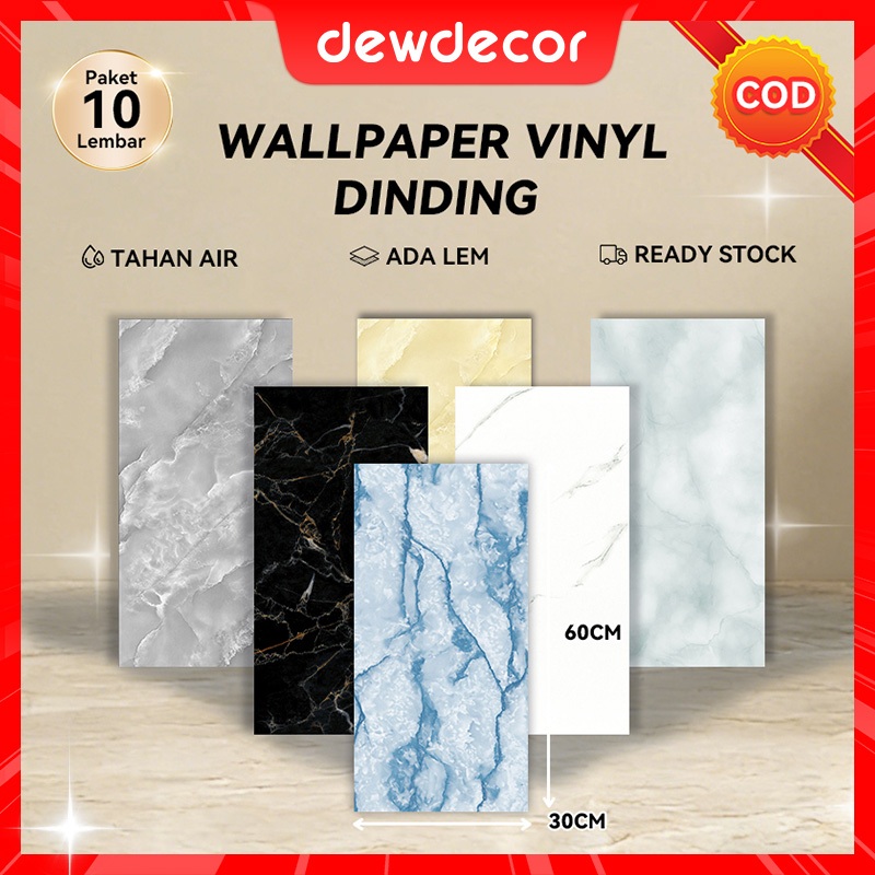 [60cm x 30cm] Dewdecor - PAKET 10 Lembar Wallpaper Dinding Vinyl Marble Premium PET Tebal 2,5 mm Aes