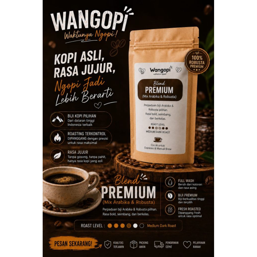 Wangopi™ - BLEND PREMIUM 200gr | Biji Kopi bubuk mix Arabika Robusta Premium| Kopi jawara selera rak
