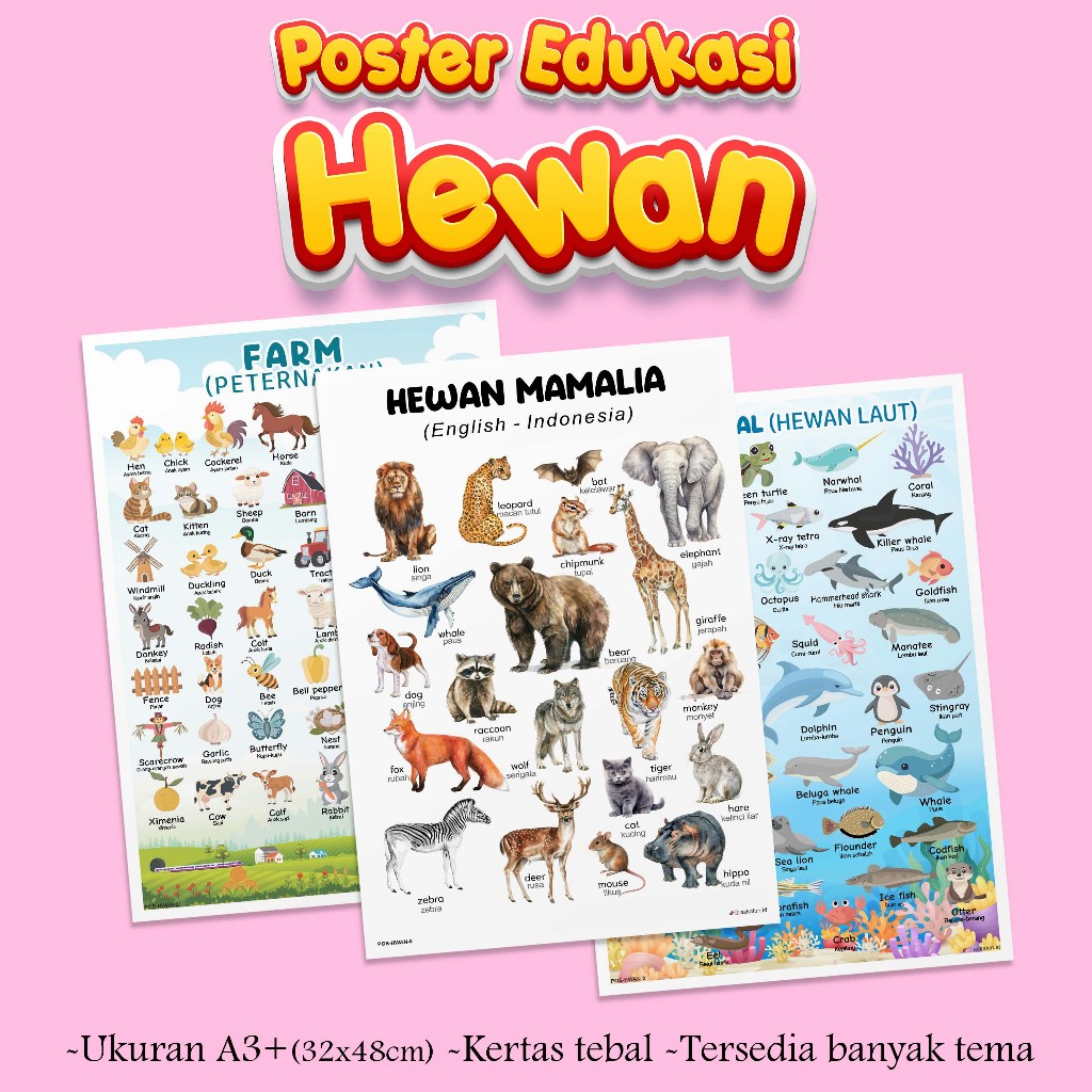 Poster Edukasi HEWAN - Poster binatang darat, hewan laut, poster edukasi