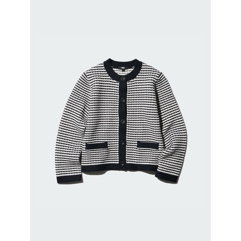 INCLUDE ADMIN| UNIQLO KNITTED SHORT CARDIGAN TWEED LOOK IN BLACK COLOR (STRIPED) SIZE L