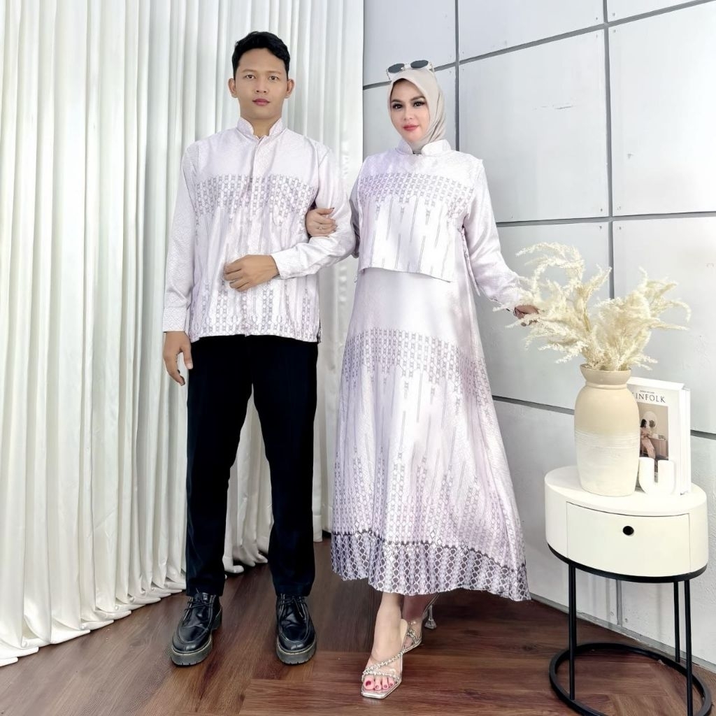 Couple Pasangan Kondangan Gamis Kemeja Spesial warna Lilac Bahan Adem Dior Silk
