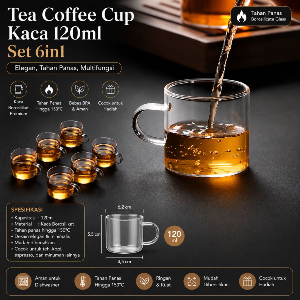 Set Tea Coffee Cup 120ml Isi 6 | Cangkir Kaca Bening Tahan Panas
