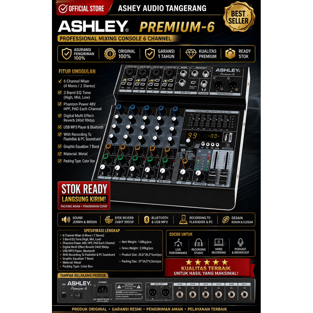 MIXER ASHLEY 6 CHANNEL PREMIUM 6 PREMIUM-6 PREMIUM 6 ORIGINALBERGARANSI RESMI ASHLEY