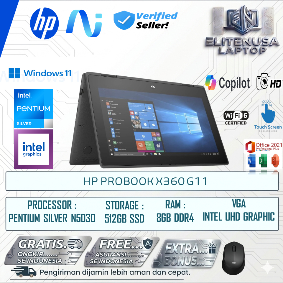 Laptop HP ProBook x360 11 Touchscreen Pentium Silver N5030 RAM 8GB SSD 512GB 11.6" HD Flip