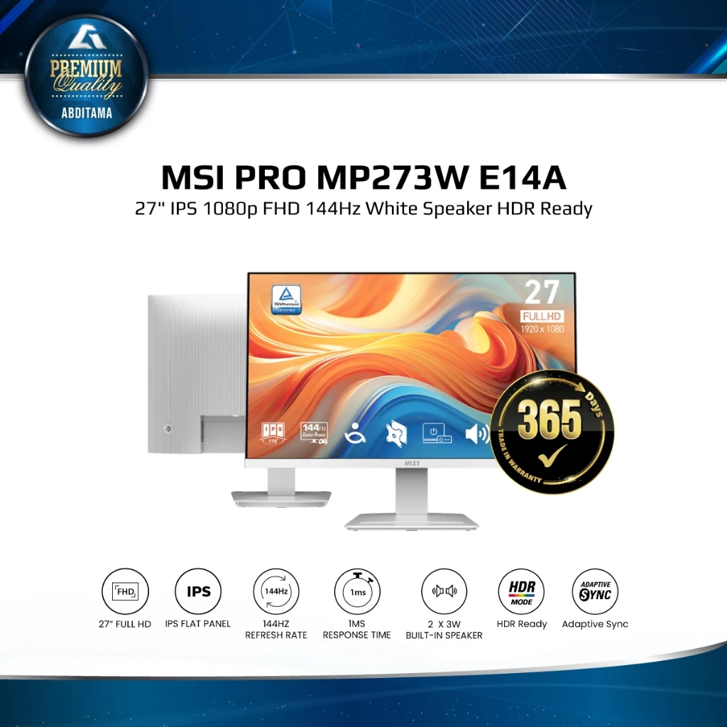 Monitor LED MSI PRO MP273W E14A 27" IPS 1080p FHD 144Hz White Speaker HDMI DP VGA Vesa 100x100mm MSI