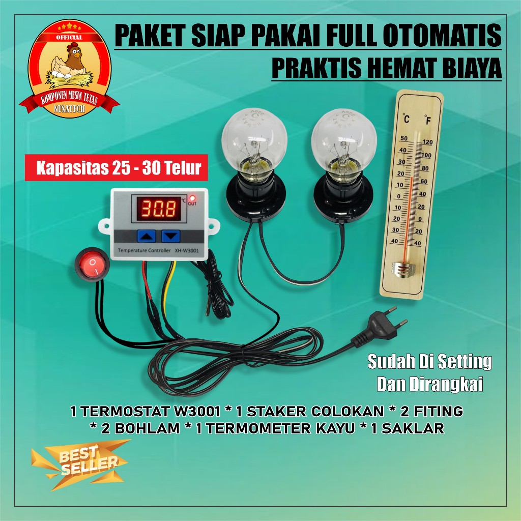 Paket Siap Pakai W3001 Kapasitas 20 Sampai 100 Butir Telur  Termostat Thermo-Hygrometer Termometer