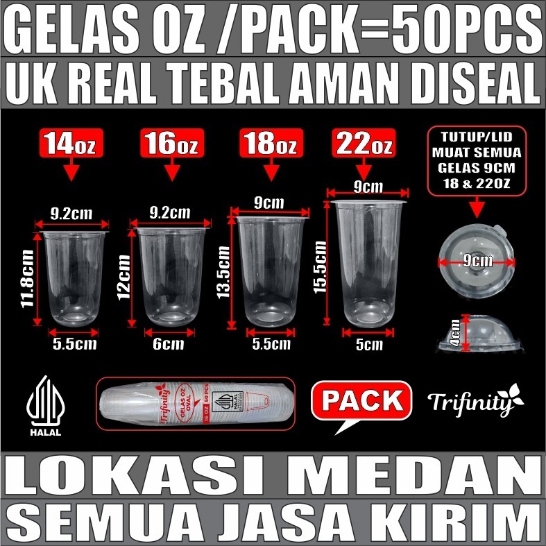 Gelas Oz Plastik Oval Tebal  14oz 16oz 18oz 22oz per Pack Cup Pop ice Medan