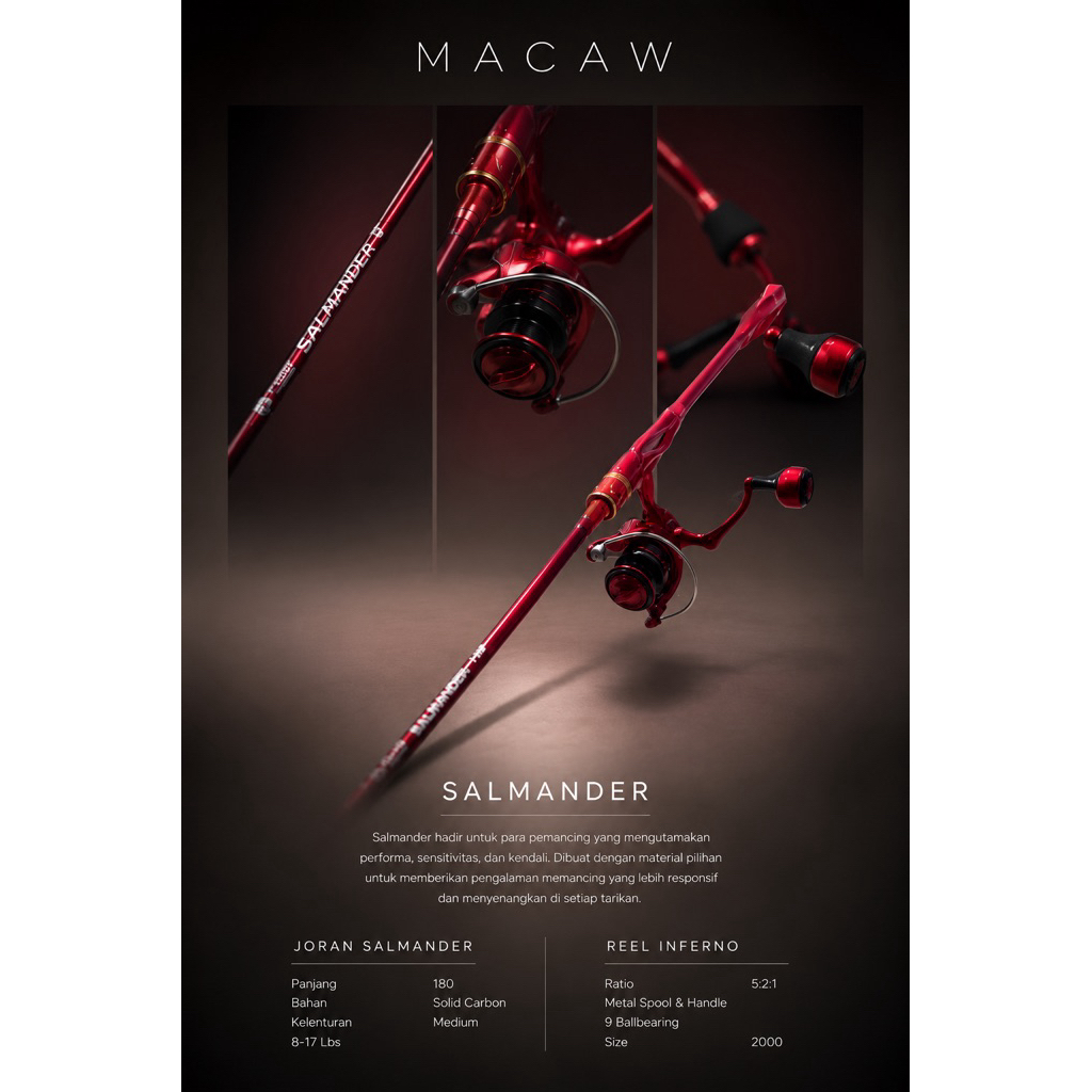 Set Joran pancing Macaw Salmander 180 Solid carbon dan Reel Macaw Inferno 2000 Metal spool (d1)