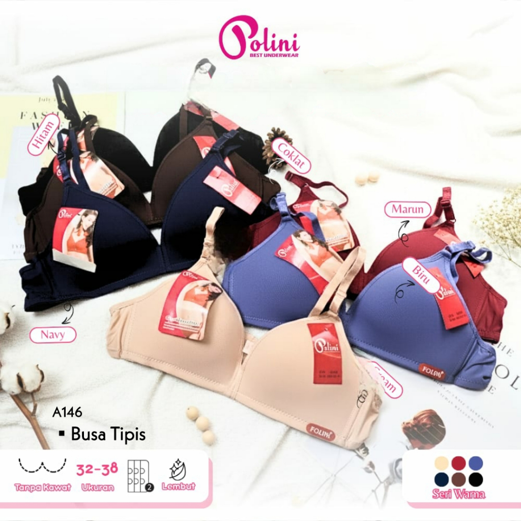 RVC75 - POLINI Bra CUP KECIL Busa Tipis Tanpa Kawat 32-38 Kait 2 BH Katun Underwear Remaja Pakaian D
