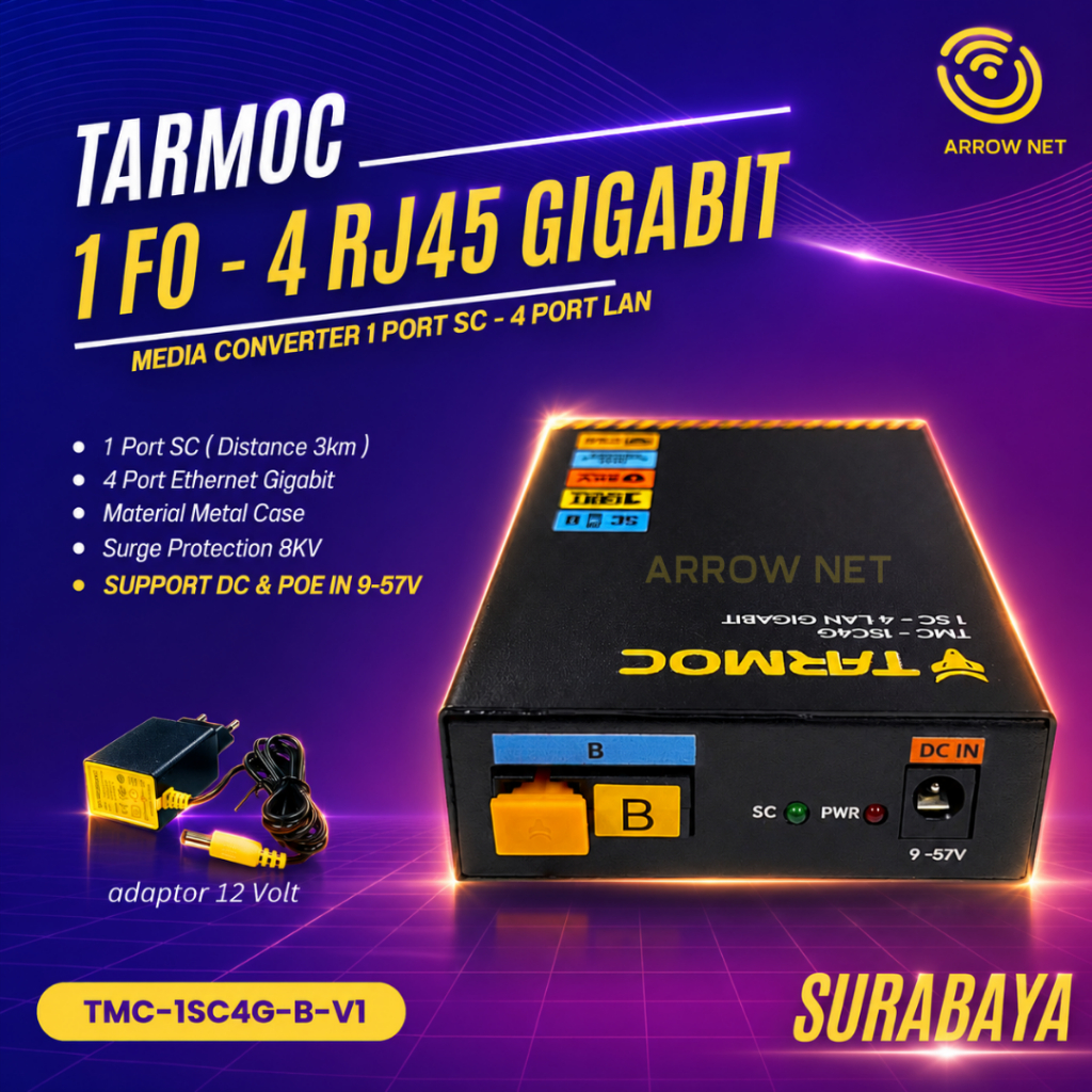 Tarmoc TMC-1SC4G-B-V1 | Media Converter Switch 1SC 4LAN / 1 SC 4 LAN Gigabit POE IN 9-57 Volt | 1FO 