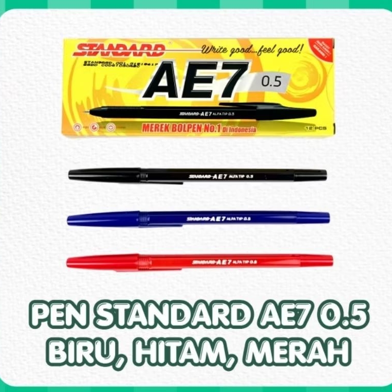 1 Box isi 12 Pulpen Standard AE7 0,5mm Pena Hitam Biru Merah Pen Grosir