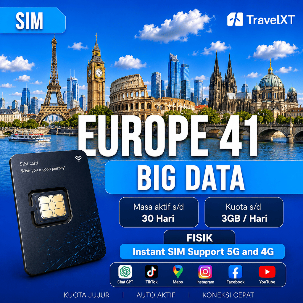 TravelXT SIM Eropa Europe 41 Negara Big Data 3-30 Days | SIM Swiss | SIM Turkey | SIM UK | SIM Germa