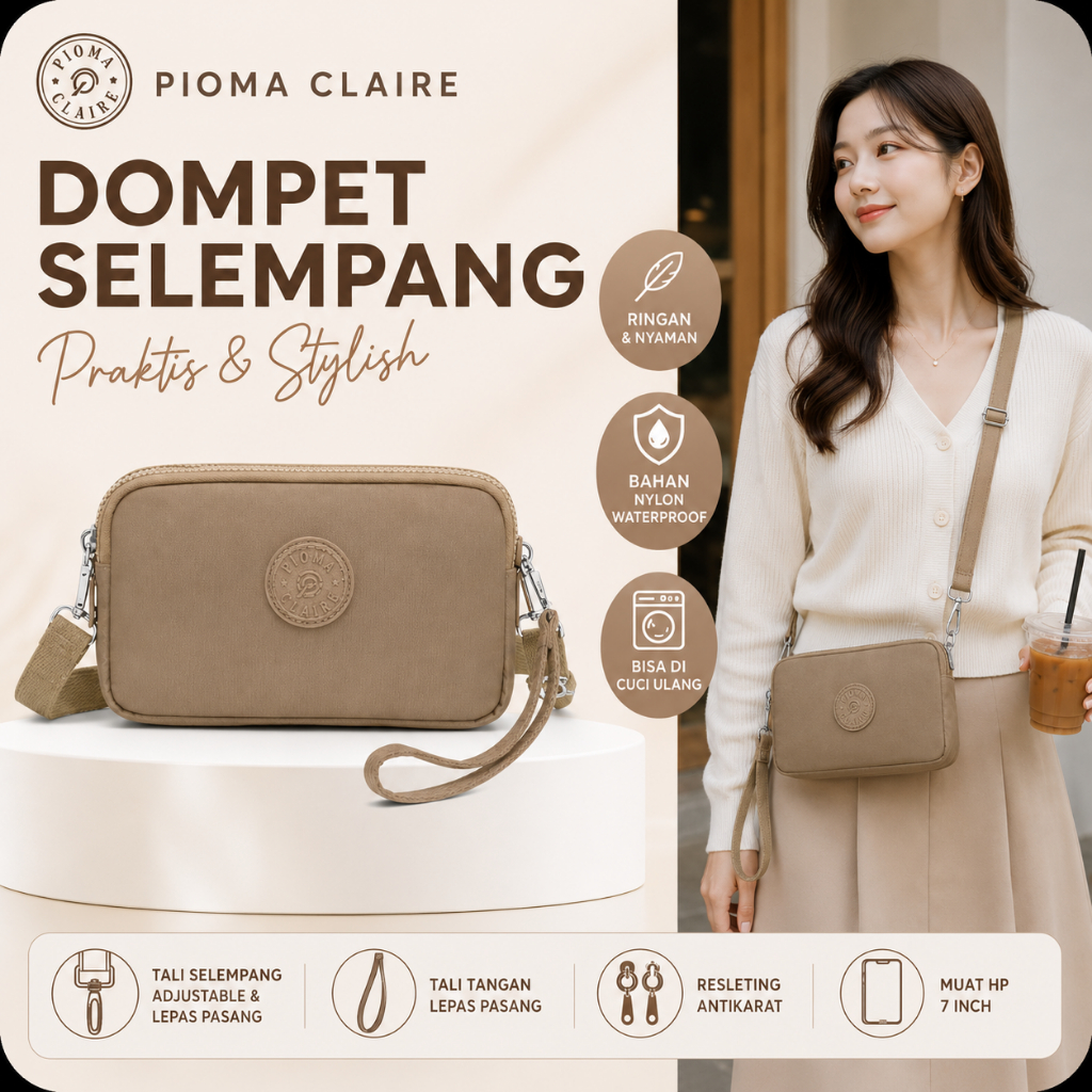 PIOMA Claire Tas Selempang Wanita Dompet HP 3 Resleting Pouch Waterproof