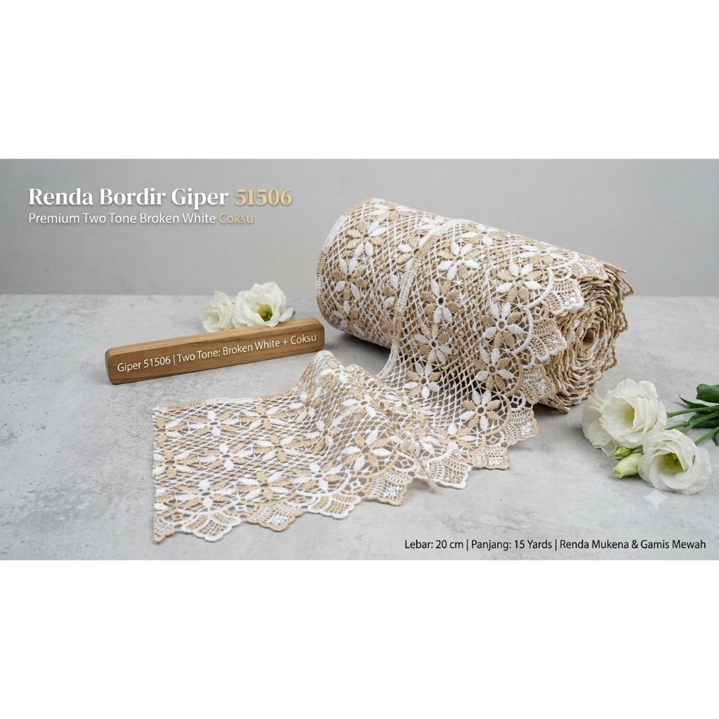 Renda Bordir Giper 51506 Premium Two Tone Broken White Coksu | Lebar 20 cm |Panjang 15 Yards | Renda