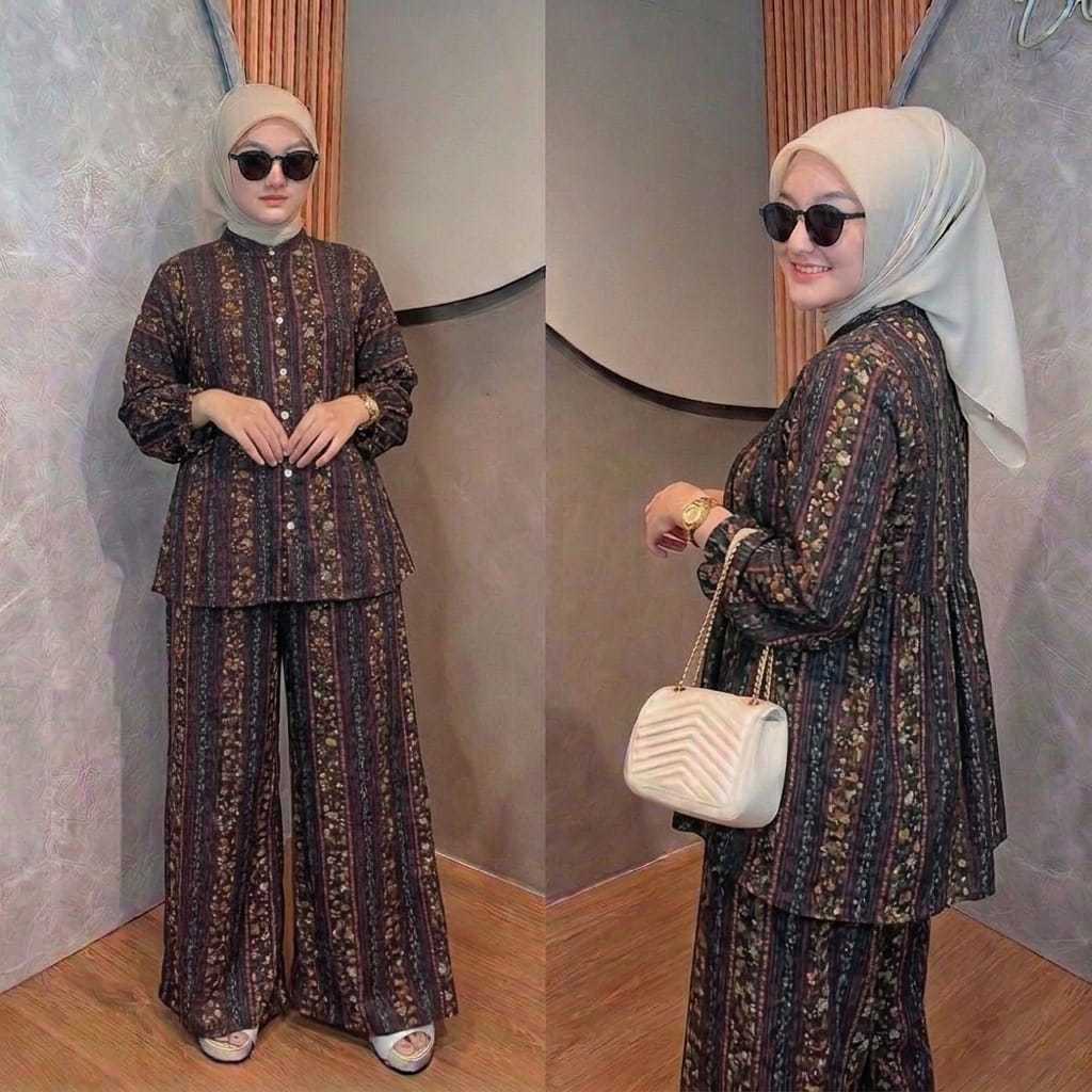 One Set Muslimah Blouse Layer & Kulot Jumbo - Setelan Wanita Motif Bunga Kekinian Rayon Adem