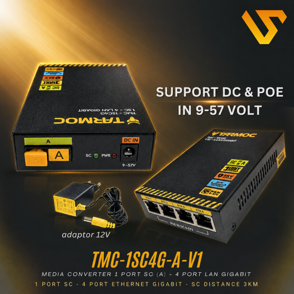 Tarmoc TMC-1SC4G-A-V1 | Media Converter Switch 1SC 4LAN / 1 SC 4 LAN Gigabit POE IN 9-57 Volt | 1FO 